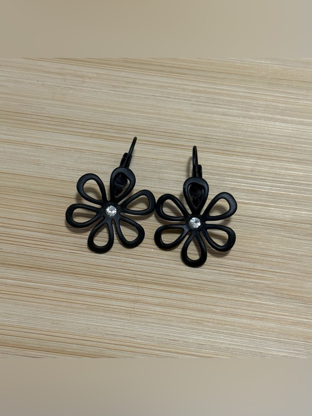 Black Fower Earrings with Rhinestone Center